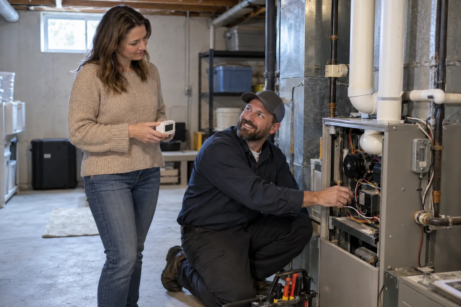 A provider checking a furnace in a basement near Salt Lake City